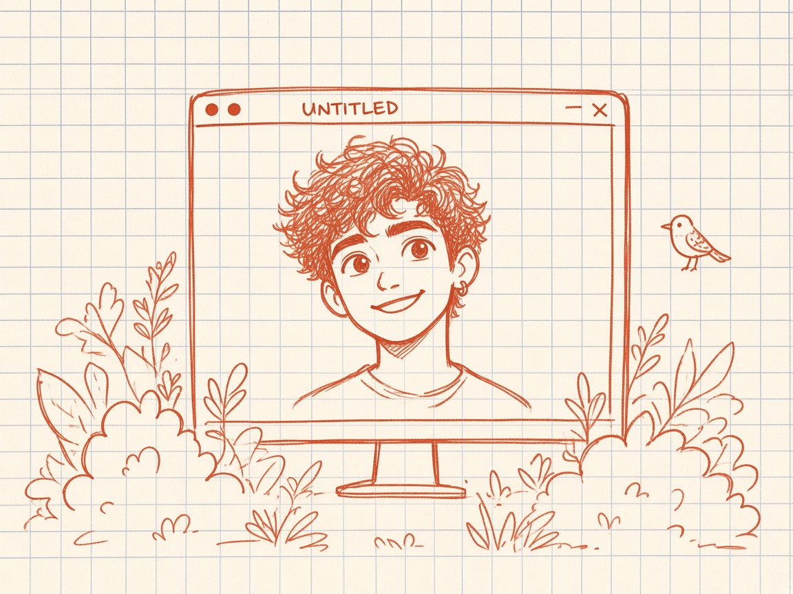 Sketch of Sharan at a laptop among plants